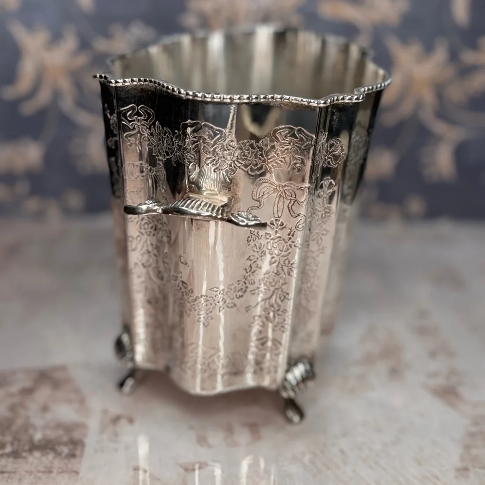Vintage Ornate Silver Plate Ice Bucket w/ Tongs Floral Etched India Estate